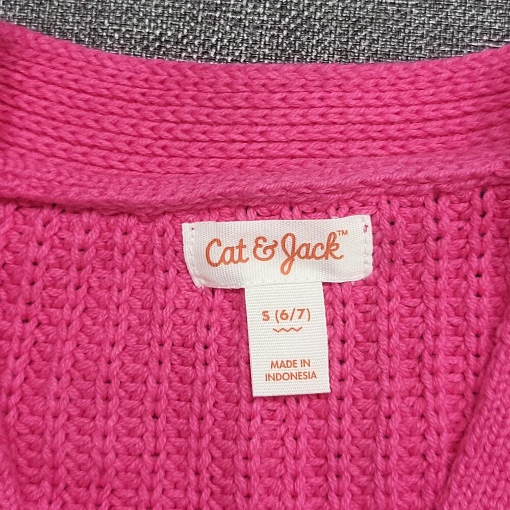 Girls' Button Front V-Neck Cardigan - Cat & Jack Bright Pink Size Small 6/7
